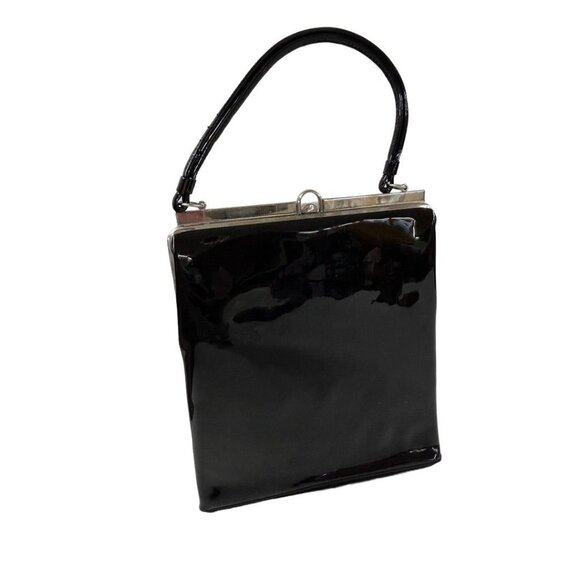 Vintage 1950s Paristyle Black Patent Leather Handbag Hinged 8"l x 9.75"h - Picture 1 of 7